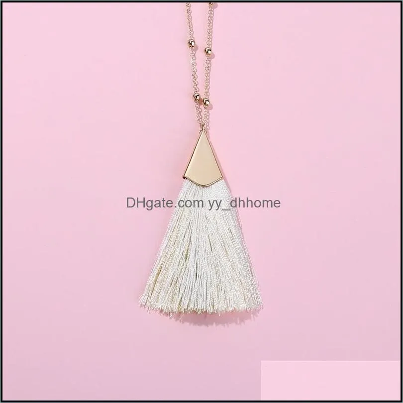 Boho Soft Fan Fringe Tassel Pendant Long Necklace Gold Polished Metallic Triange Pendants with Beads Stones Long Chain for Women99 Q2