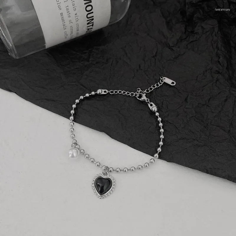 Bracelets porte-bonheur origine été Street Style noir amour coeur rond perle chaîne Bracelet pour femme en acier inoxydable fête bijouxCharme Lars22