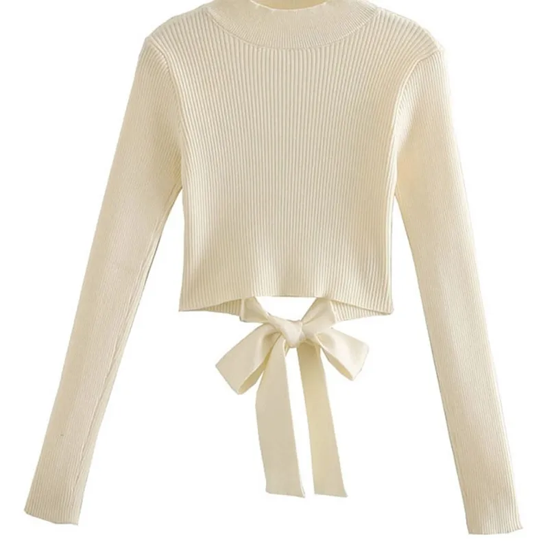 TRAF Women Fashion With Bow Tied Cropped Knitted Sweater Vintage Long Sleeve Backless Female Pullovers Chic Tops 220812