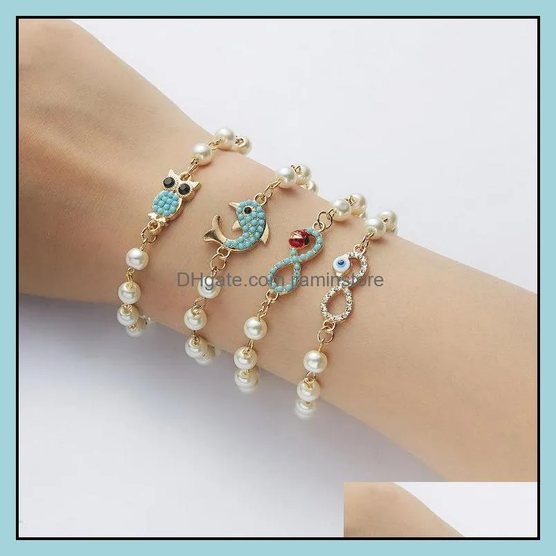 Europe 8 Word Round Hollow Diamond Abs Pearl Bracelet strand Multi Style Adjustable Beaded Bracelets Strands Wholesale