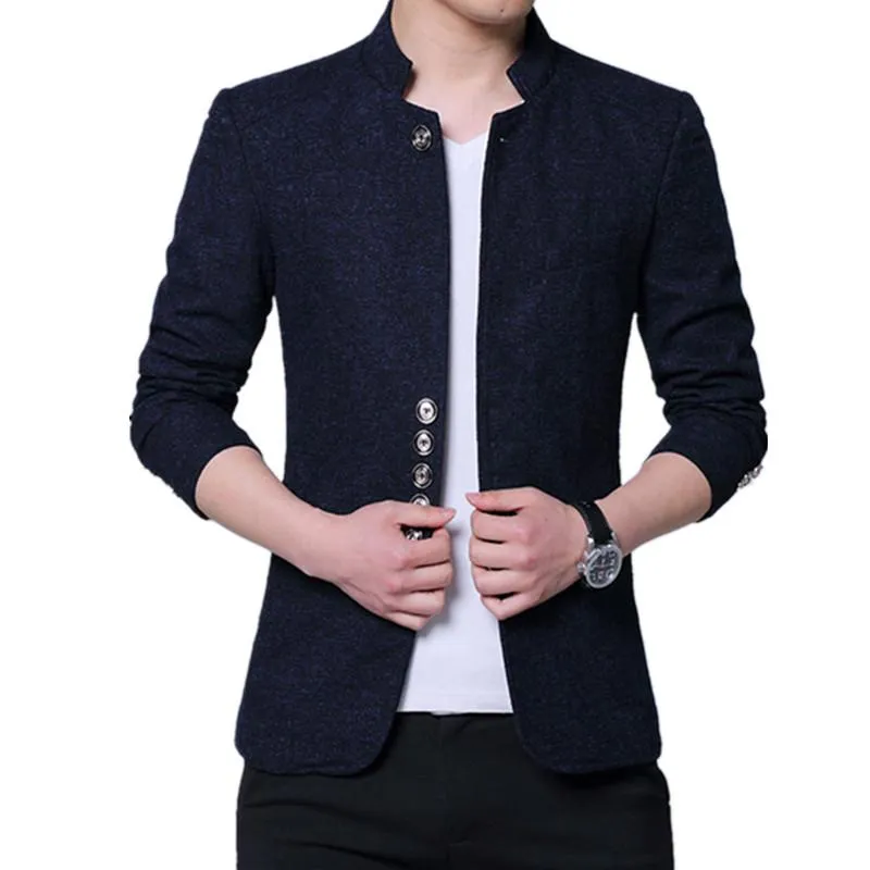 Ternos masculinos Blazers homens Moda Stand Collar Slim Fit Chinese Alta qualidade Misture jaqueta de terno / tendência casual masculino Blazer de lã C Blazer C