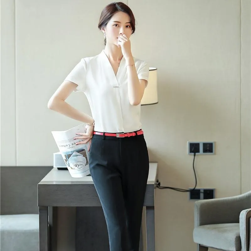 Women's Blouses & Shirts Summer Women & Short Sleeve Office Ladies Two Piece Pant And Top Sets Business ClothesWomen's