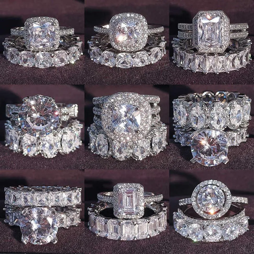 Luxury Real 925 Sterling Silver Oval Princess Cut Anillo de boda para la banda de compromiso de las mujeres Eternity Jewelry Zirconia R4975 P0818247L