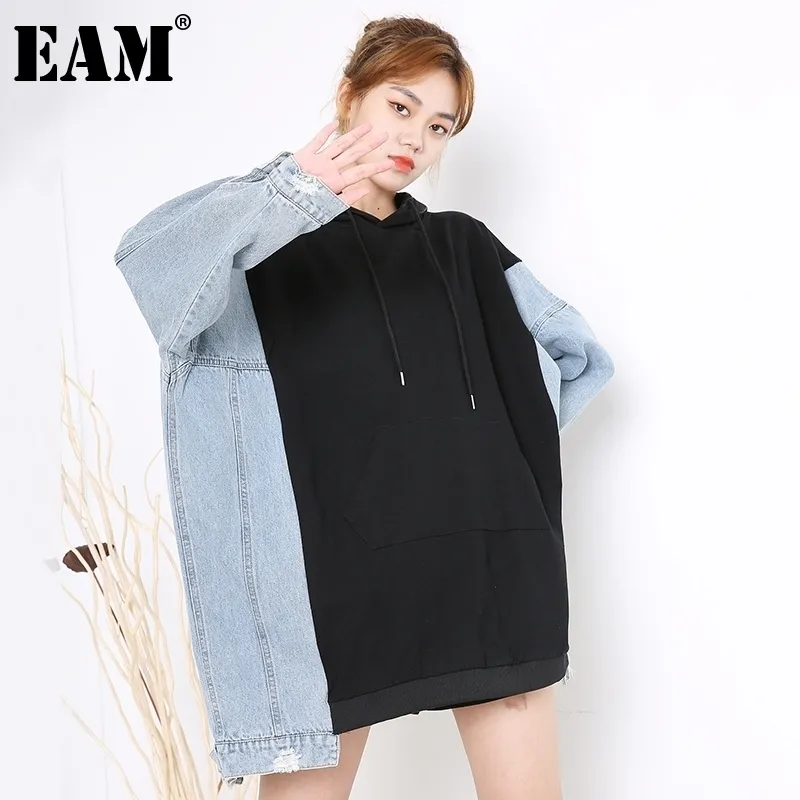 EAM Loose Fit Black Denim Long Sweat-shirt surdimensionné à capuche à manches longues Femmes Grande Taille Mode Printemps Automne 1DA88201 201202