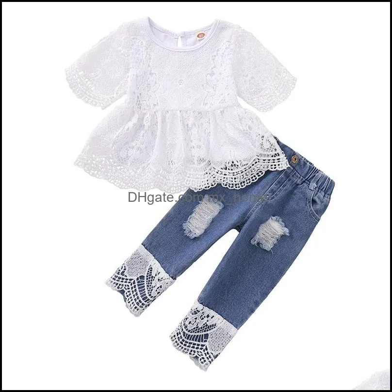 Roupas conjuntos infantis garotas roupas infantis lace topsand buraco de jeans 2pcs/set summer moda coreana vers mxhome dhfoi