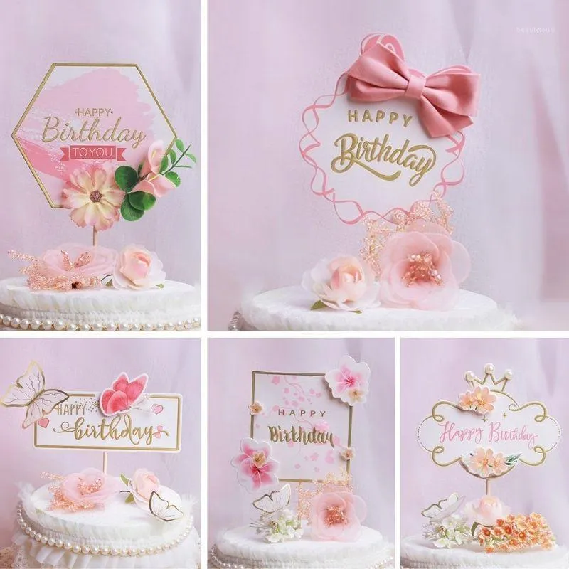 Andra festliga festförsörjningar Happy Birthday Cake Topper Pink Bow Flower Fjäril Gulddessert Dekoration för vuxna barndekor