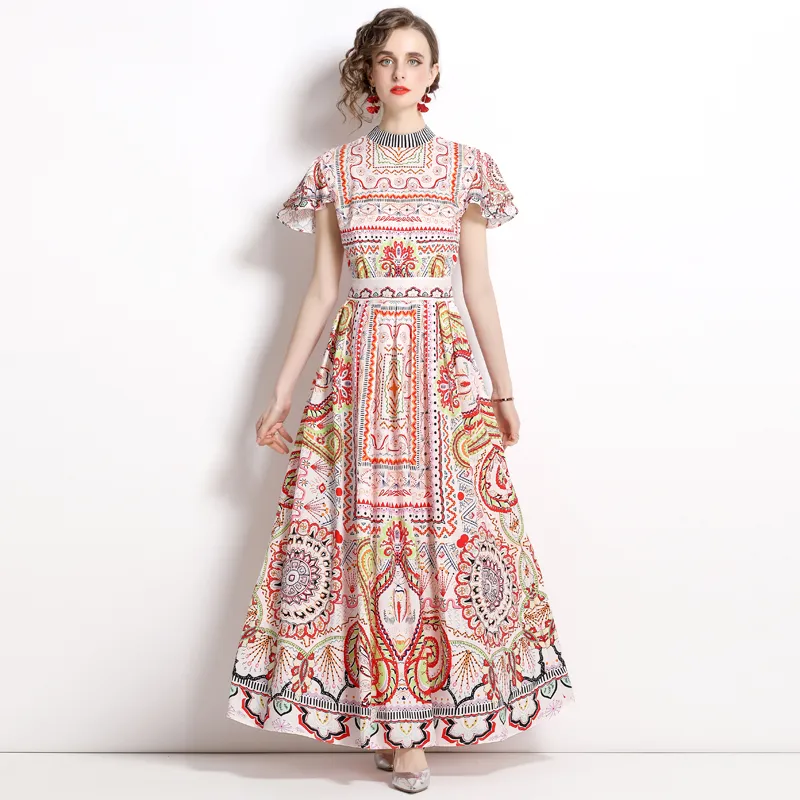 2022 Лето ретро -печатное платье платье с лепедной рукавом Женщина дизайнерская круглая шея взлетно -посадочная полоса Высокая талия.