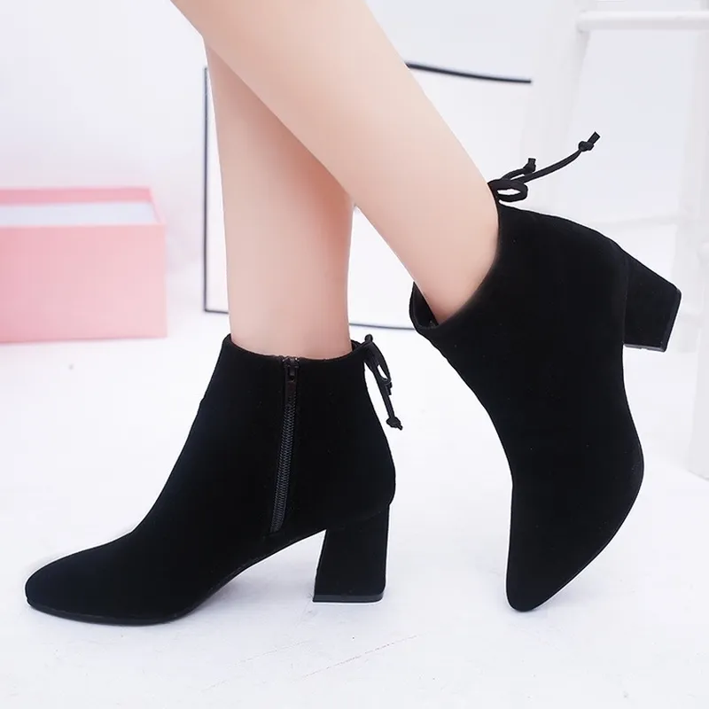 Dwayne New Womens Short Boots Female Pointed Toe Thick Heel High Heel Ankle Boots Flock Zipper Single Boots Autumn Size 3442 Y200115