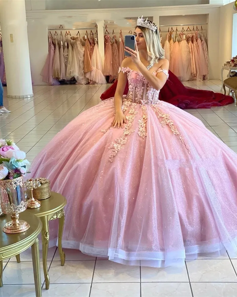 Prenses pembe omuz kapalı quinceanera elbiseler 3d çiçekler balo elbisesi yarışmacı mezuniyet partisi tatlı 16 aos 15 aos