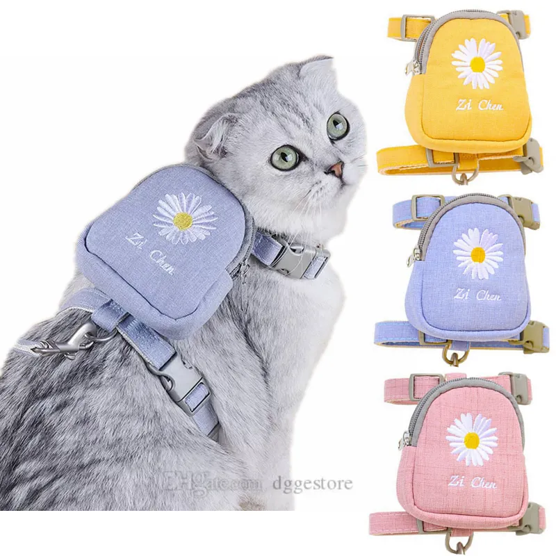 Ensemble de harnais et laisses pour chat avec sac à collation Harnais de gilet de broderie de chrysanthème pour chats H-Diagonal Pull Costume de marche Pet Chaton Chiot Lapin Furet S Bleu B74