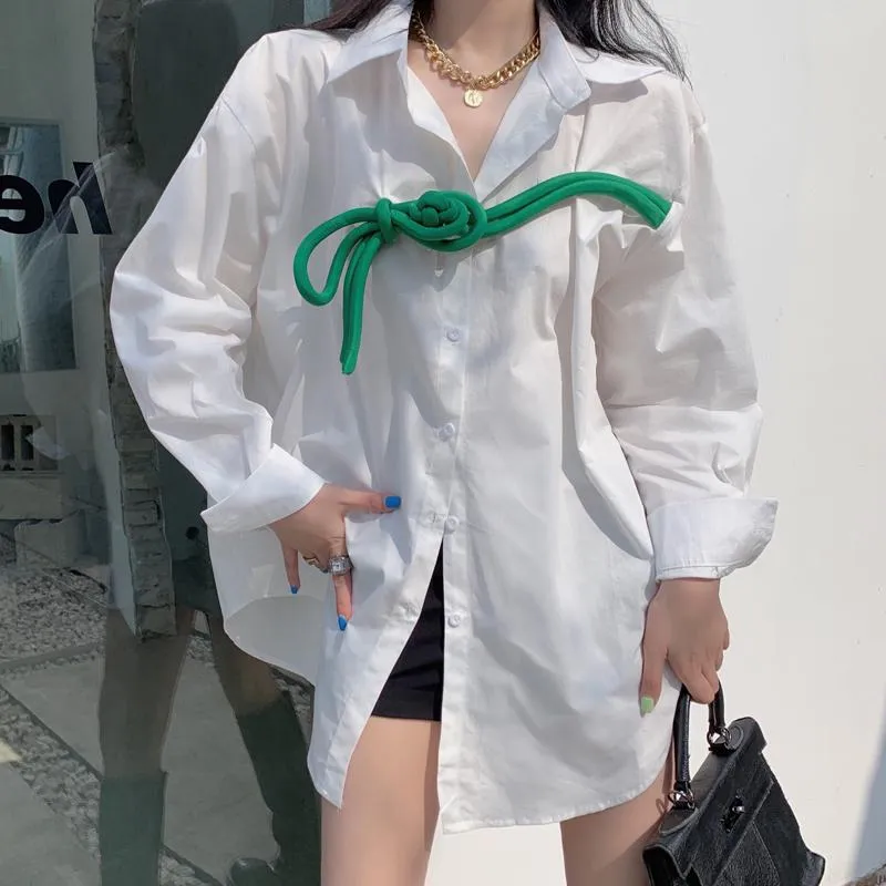 Women's Blouses & Shirts Fashion Brand Appliques Oversized White Blouse Autumn Spring Long Sleeve Single Breased YOU1580