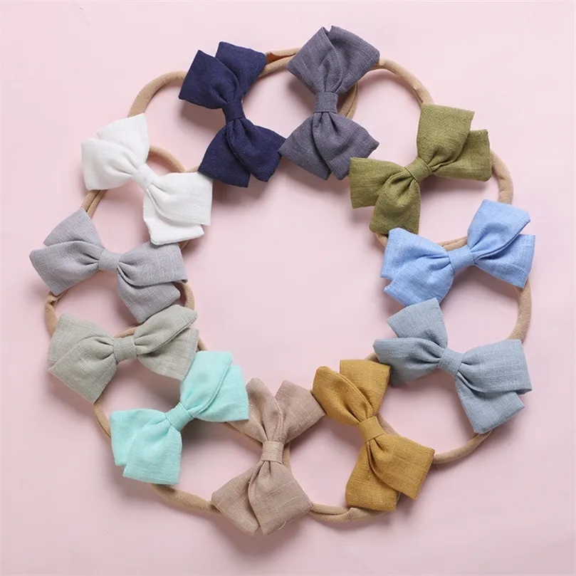 20pc/lot Solid Cotton Bow Nylon Headband For Girls Hair Bows Kids Children Elastic Hairbands Party Gifts Hair Accessories LJ201226
