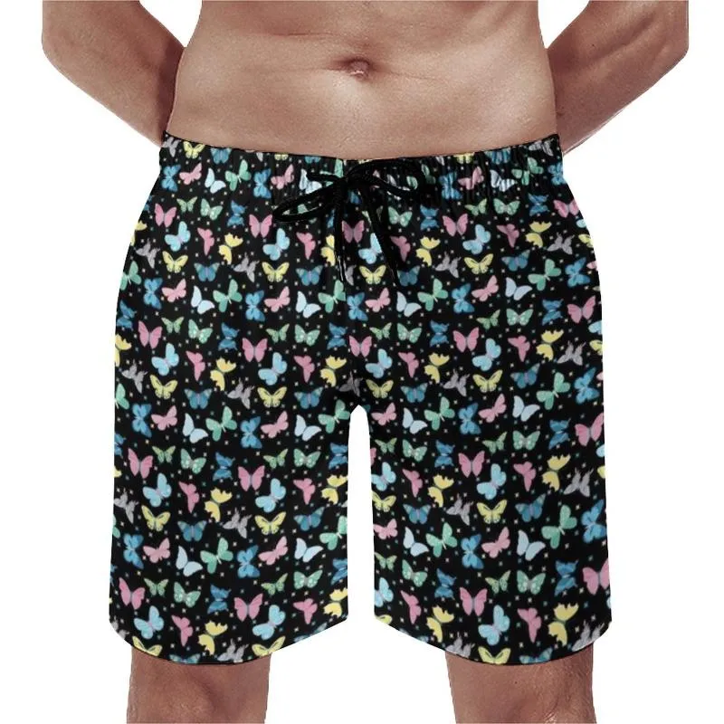 Custom Floral Butterfly Print Long Beach Shorts Mens In Blue, Pink