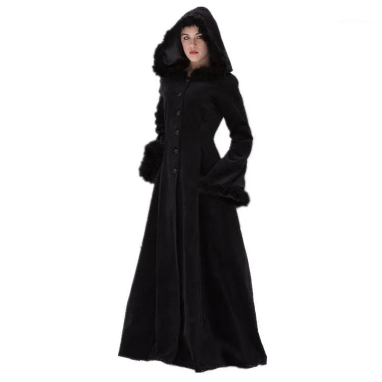 Damen Wollmischungen Damen Herbst Winter Vintage Mantel Steampunk Bodenlang Kapuze Mittelalterlich Warm Pelzbesatz Maxi Gothic Hexe Party Kostüm