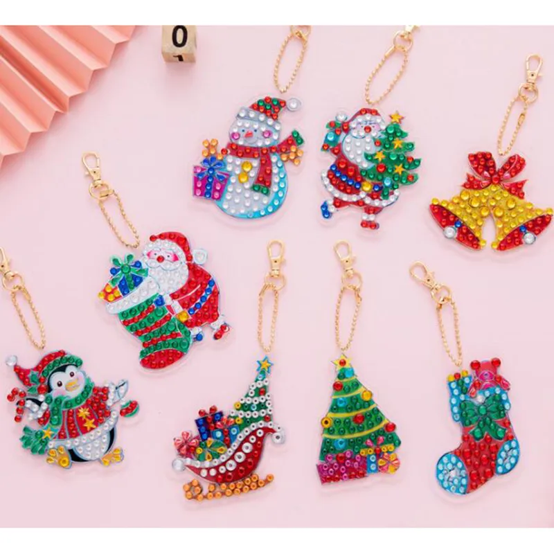 8pcs Diy Christmas Diamond Pintura de chaveiro pendente de chaveiro completo Bordado de diamante em forma de diamante Mulheres Decoração do Xmas Gift 201203