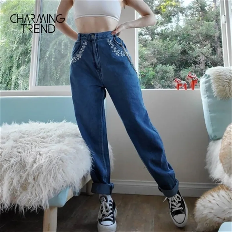 Charmingtrend kvinnors broderade jeans chic mid-waist ficka casual denim byxor rak tjej jeans byxor blå 210302