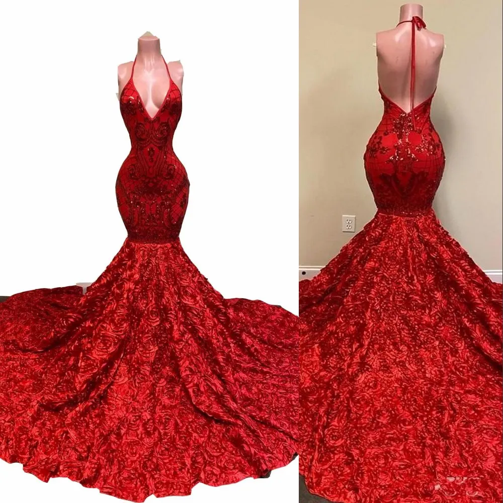 2022 Sexy Backless Red Prom Dresses Halter Deep V Neck Sequined Lace Appliques Sequins Mermaid Evening Dress Rose Ruffles Special Occasion Party Gowns