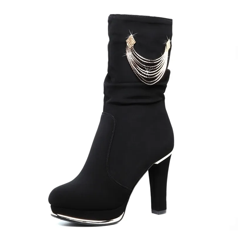 Winter new short tube womens ankle boots thick with flowing Fang boots casual leather botas round head high heels fringe 201106