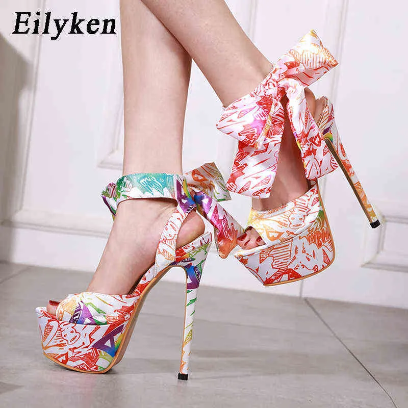 Sandaler Eilyken Fashion Big Butterfly-knot Designer Slides Platform Open Toe Ankel Lace-up Stiletto Heels Women Party Shoes 220317