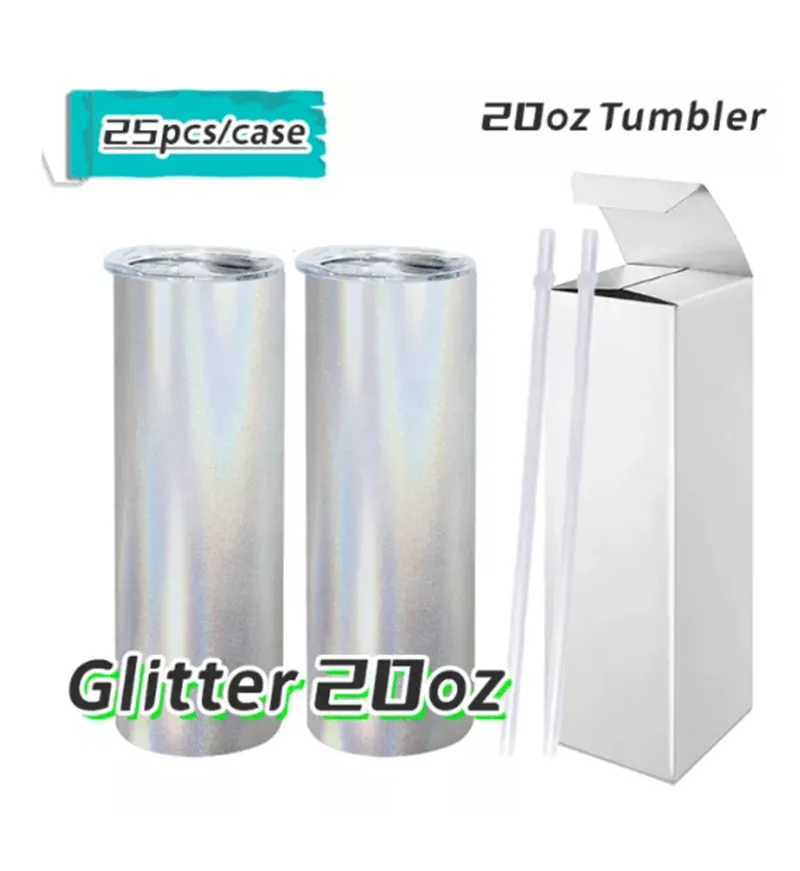 Yerel Depo !!! 20 oz Süblimasyon Glitter Beyaz Düz Tumbler Boş Paslanmaz Çelik Işıltılı Bling Fincan Kapaklı ve Saman (25 adet / Karton)