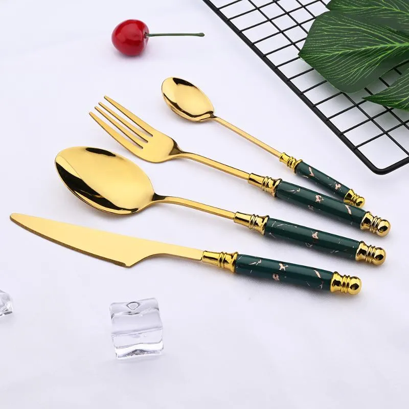 Flatware Sets 4/8/16Pcs Green Gold Stainless Steel Cutlery Tableware Set Ceramic Handle Tea Fork Spoon Knife Dishwasher Safe Dinner SetFlatw