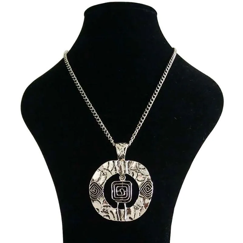 Pendentif Colliers X Tibétain Argent Métal Grand Cercle Rond Déclaration Abstraite Spirale Sur Longue Chaîne Gourmette Lagenlook 34 "Pendentif