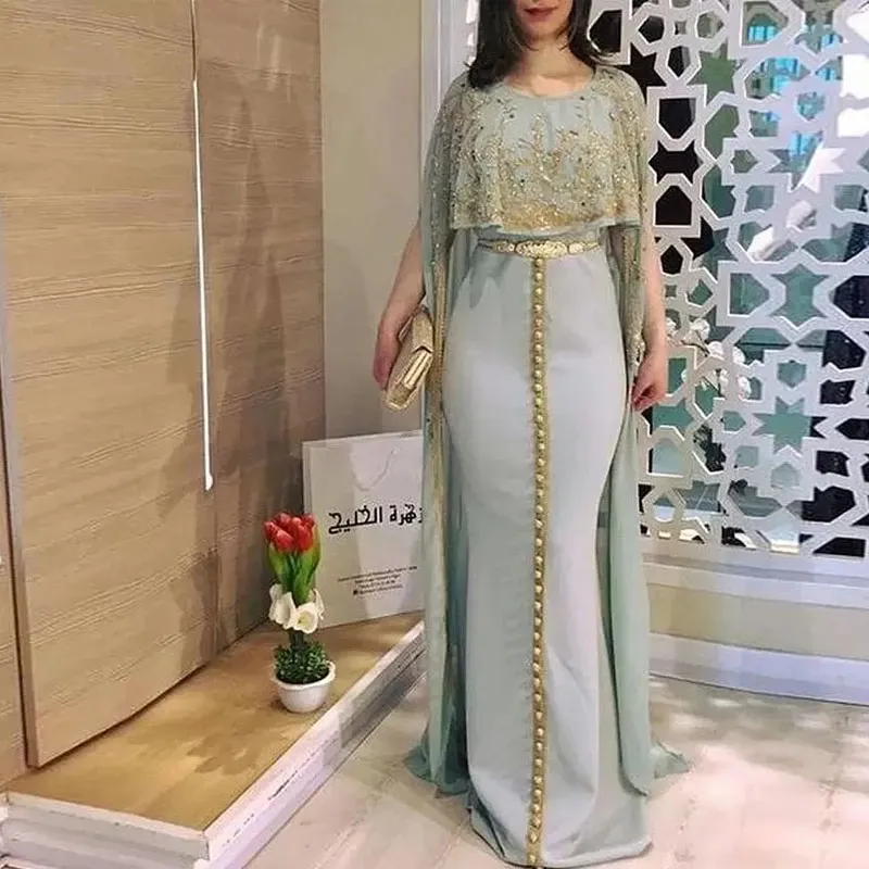 Light Blue Chiffon Moroccan Kaftan Evening Dresses With Cape