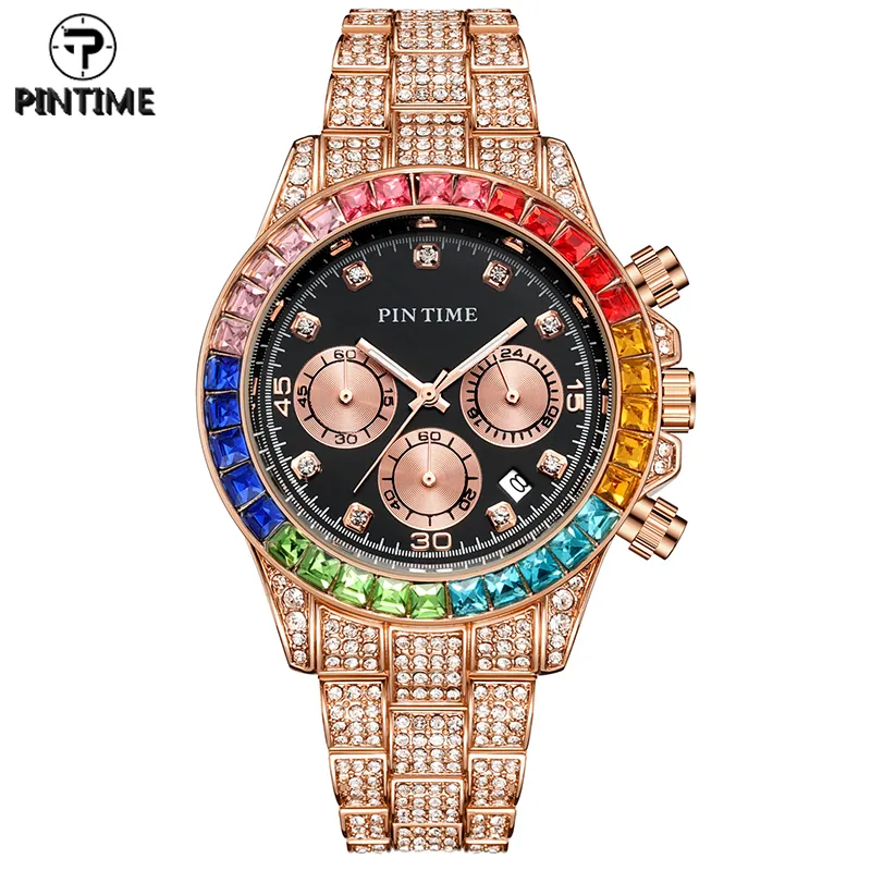 Pintime relogio de kwarzo dos homens de luxo diamante hip hop Colorido Moldura Gelo para fora rosa ouro relo relo relogio de pulso Masculino Zegarek Meski Montre