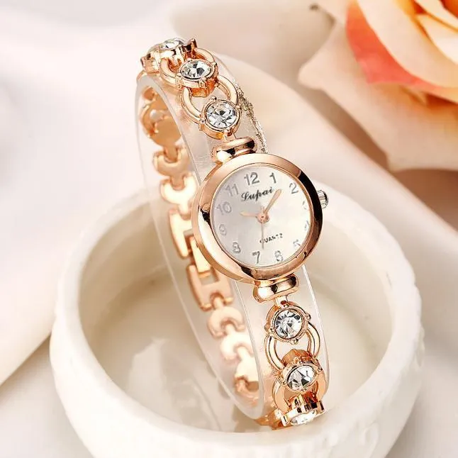 Polshorloges vrouwen kijken naar kleine eenvoudige roestvrijstalen band ingelegde kristal ronde glazen horloge prachtige minimalistische dames geschenken relogiowrist