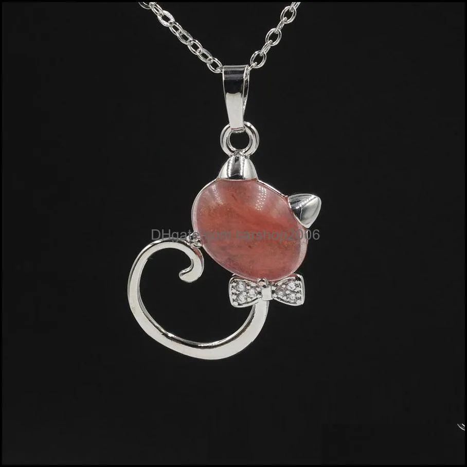 new lovely cat round stones turquoise pink quartz charms pendant necklace for women men gift accessories