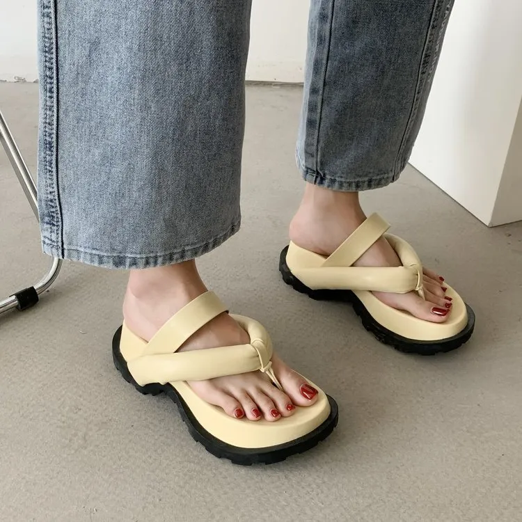Mode tongs à semelles épaisses printemps été plage plate-forme pantoufles pour femmes couleur unie sandales romaines