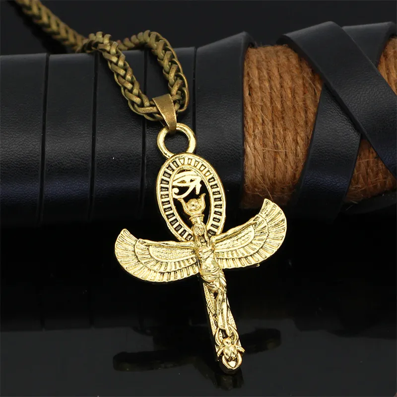 Oeil religieux d'Horus Anhur Ankh Collier Pendentifs Or Religion Égyptienne Agypt Ailes Ange Déesse Patron Saint Charme Bijoux