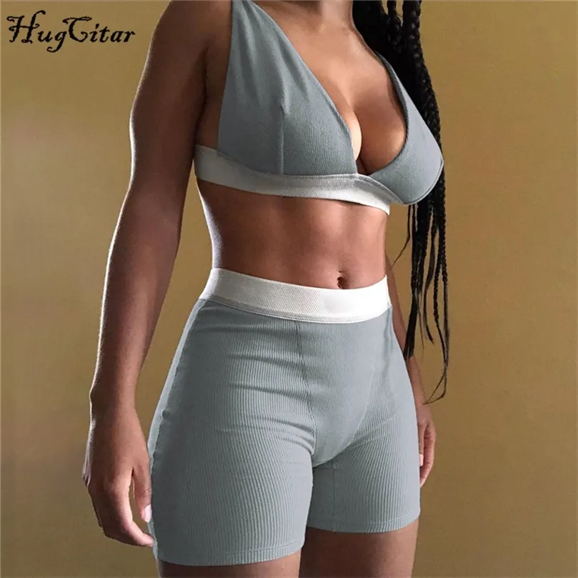 Hugcitar Sleeve Vneck Sexy Crop Tank Top Biker Shorts 2 -częściowy zestaw jesień zimowe kobiety mody streetwear tracksuit 220527