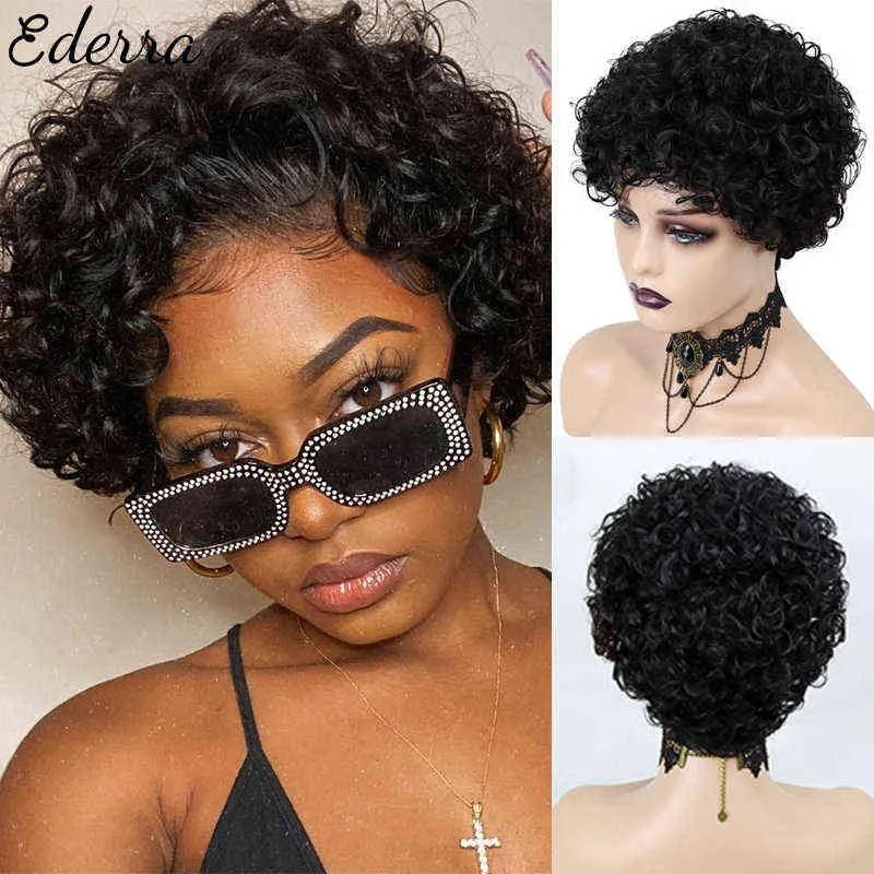 Perruques frisées crépues coupe courte 100% cheveux humains brésiliens pour femmes noires pleine Machine Pixie 220707