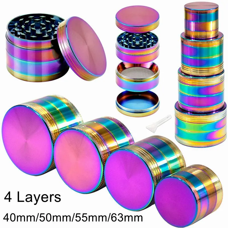 Belas cores por atacado Herb Tobacco Grinders Acessórios para fumantes 4 camadas 4 Especificações liga de zinco para bongos de vidro OD 40/50/55/63mm Design de logotipo OEM