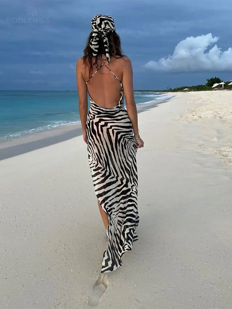 Sexy Spaghetti Strap Side Split Beach Dress Summer Sundress Women Clothes  Elegant Zebra Back Open Club Party Dresses A1144 220527