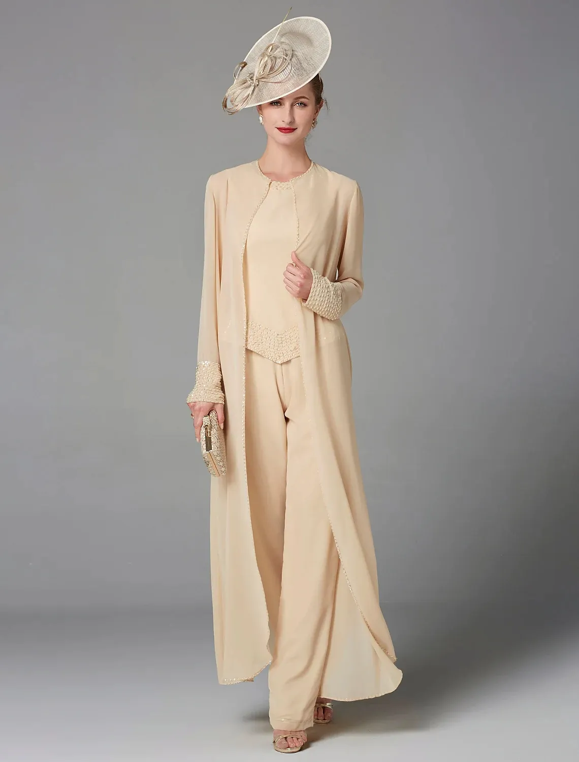 Champagne Jumpsuit 3 Piece Suit Mother of the Bride Dress Plus Size Scoop Beading Floor Length Chiffon Wedding Party Gowns