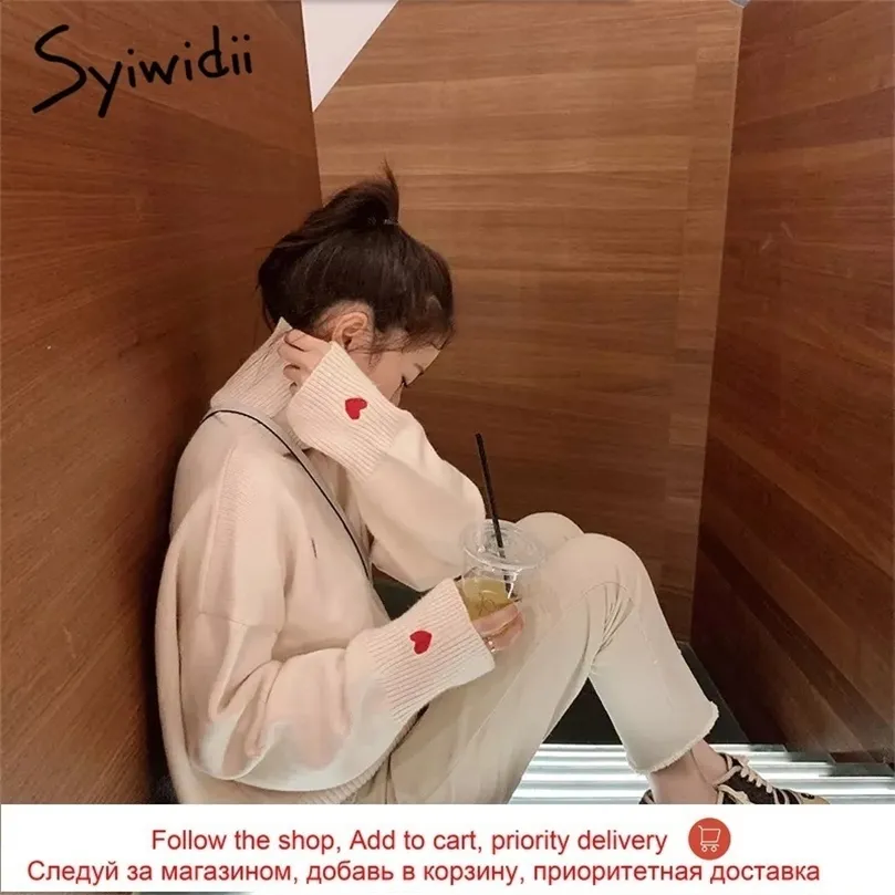 Syiwidii ​​Women Sweater Pullover Embroidery Heart Turtleneck Knit Sweater Batwing Sleeve Winter Clothes Women Korean Top 201203