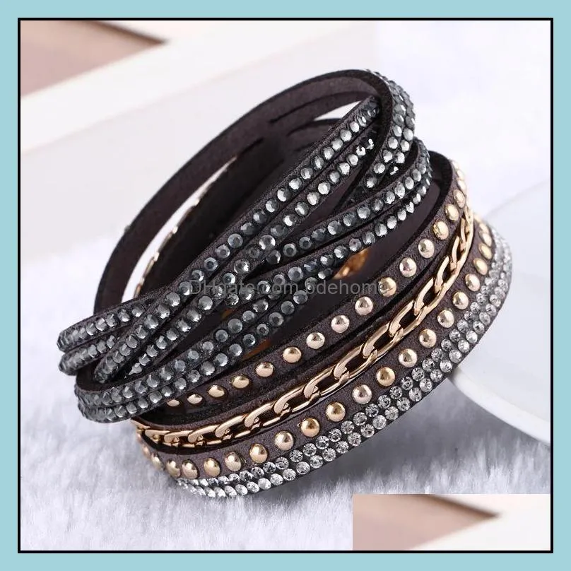 women new fashion pu leather wrap wristband cuff punk rhinestone bracelet crystal bangle charm bracelets 10colors 17121313