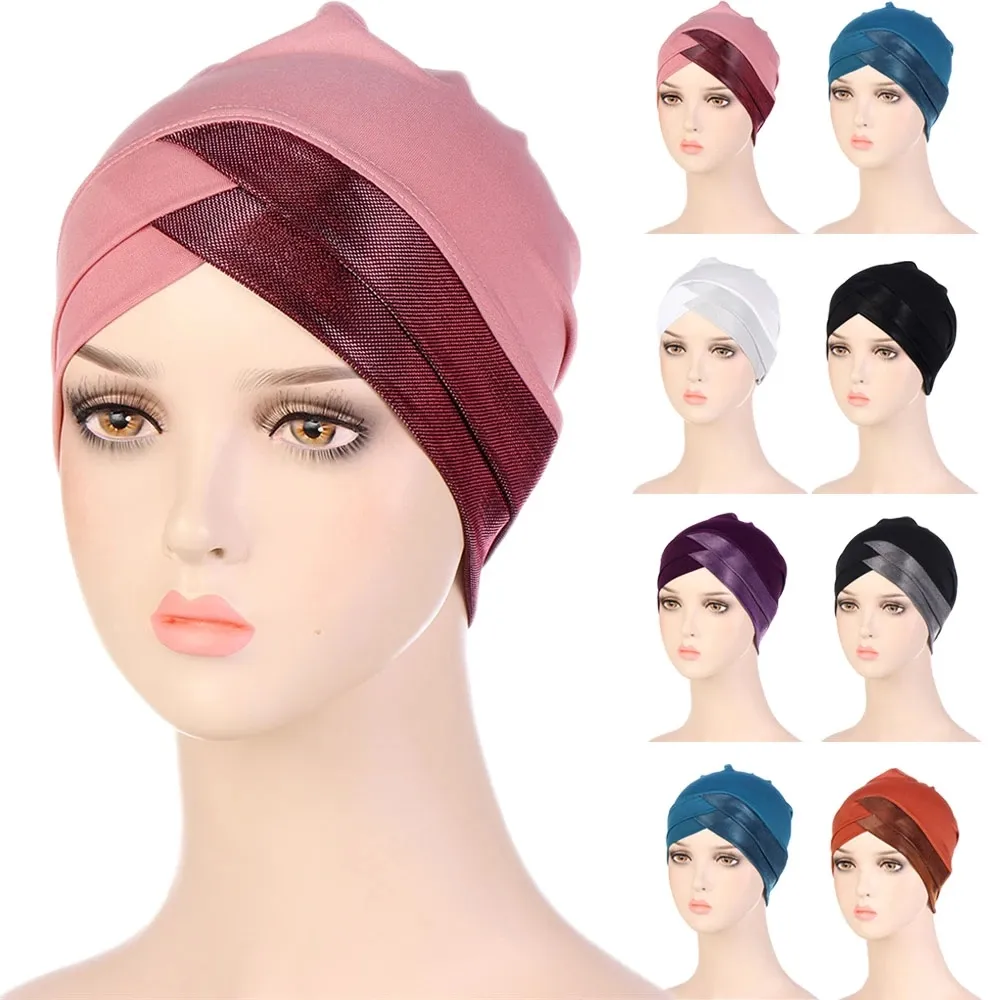 Indian Glitter Sequins Women Muslim Hijab Inner Caps Cross Chemo Hair Loss Hat Bonnet Cancer Beanies Headwear Cover Head Scarf
