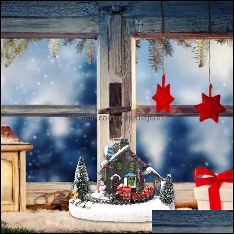 Christmas Village Figurines LED Lights Small Train House Luminous Landscape Resin Desktop Ornament 210924