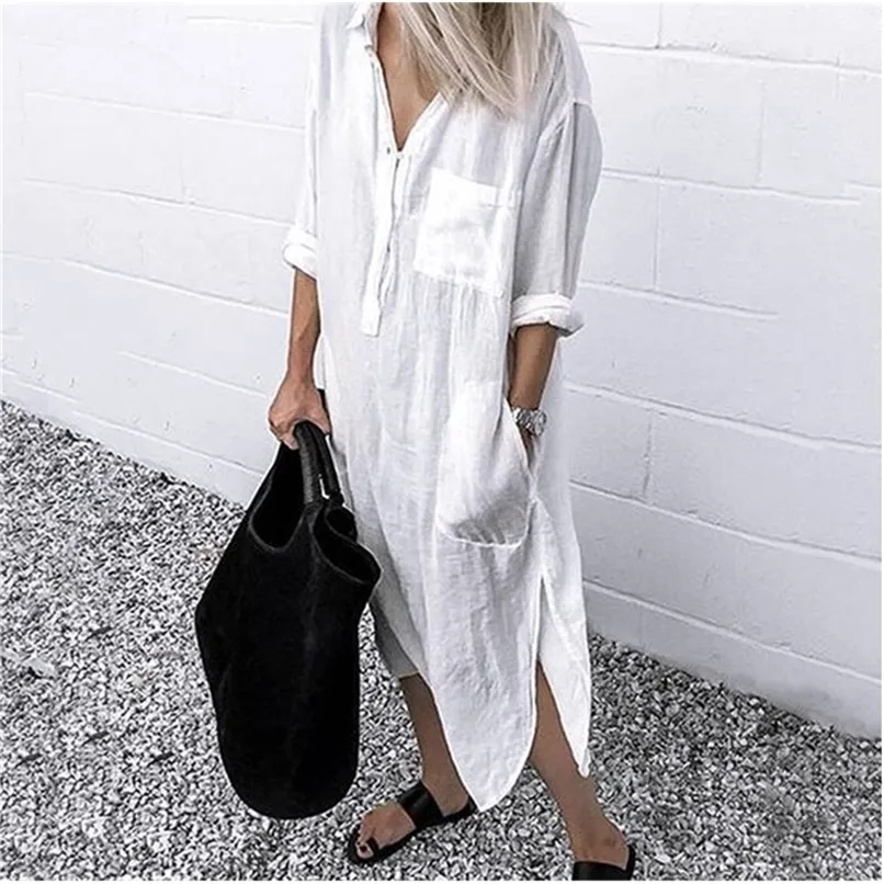 Summer Cotton Linen Women's Dress White Overdimensionerad Casual Female Long Shirt Dresses Spring Fashion Lady Clothing 220531