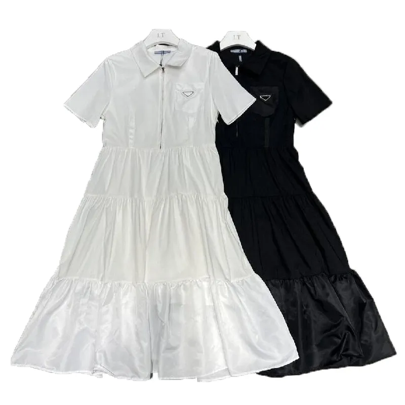 Moda tasarımcı kadın tişört elbise marka kalça elbise beyaz kısa kollu yuvarlak boyun zip kabarık etek üstler yüksek kaliteli kadınlar yaz rahat elbise