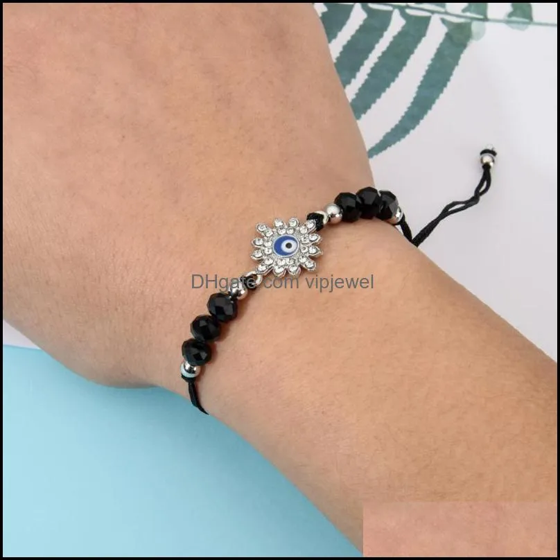 charm bracelets 12pcs/lot women evil eye hand charms bracelet set crystal bead rhinestone braided adjustable rope chain wrist band