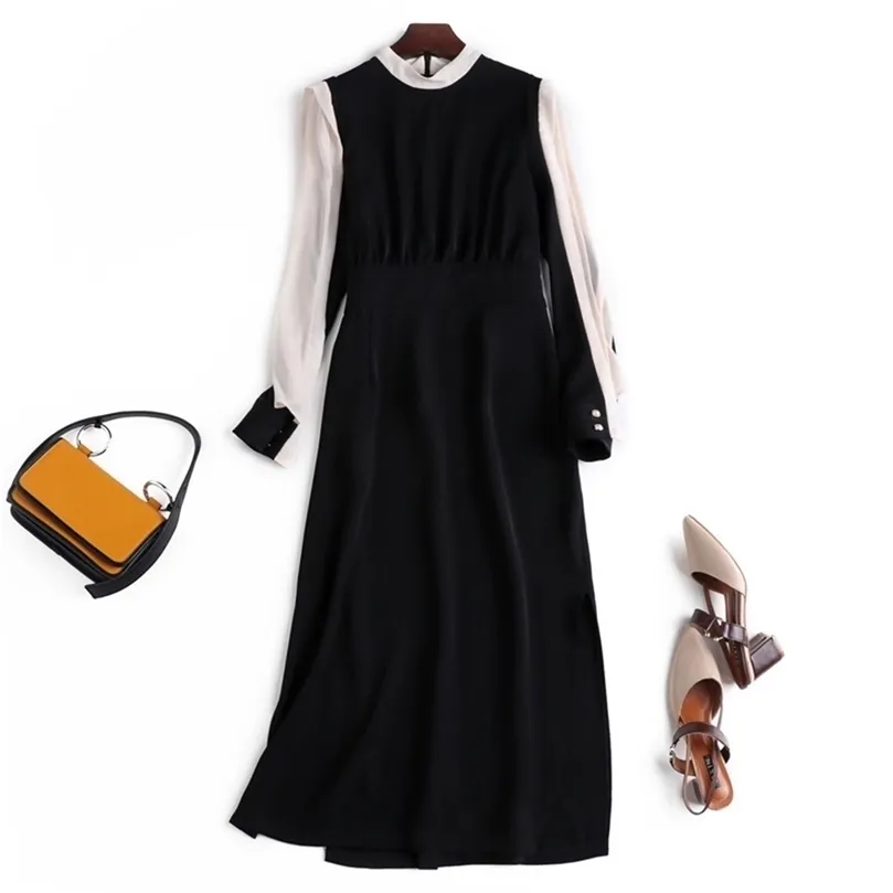 가을 새로운 클래식 대비 컬러 슬림 드레스 둥근 목이 긴 소매 OL 긴 드레스 스텝 여성 LJ200818