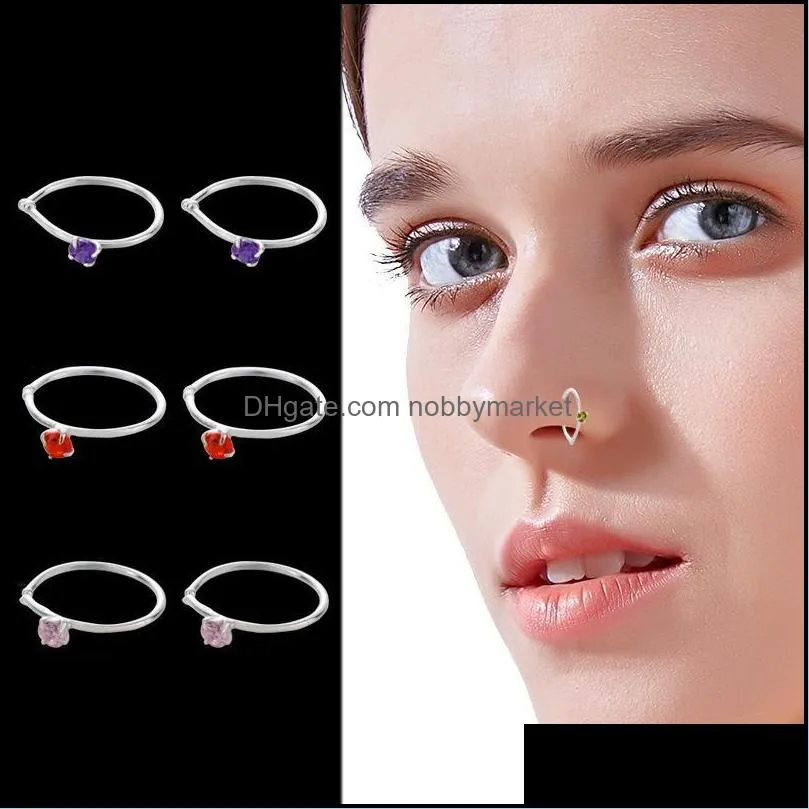 Other 2mm Cubic Zirconia Piercing Nose Ring 925 Sterling Silver Round Hoops Ear Rings Septum Body Jewelry 1 Pair