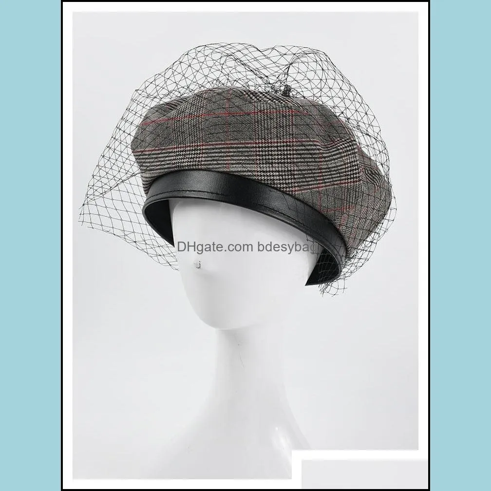 berets fashion net yarn pu model design check stripe beret cap women casual painter hat octagonal boinas para mujer peaky blinder