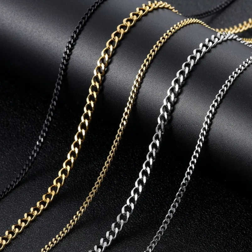 Colliers chaînes en or pour hommes, lien en acier inoxydable, noir, argent, collier Hip Hop, bijoux 3mm