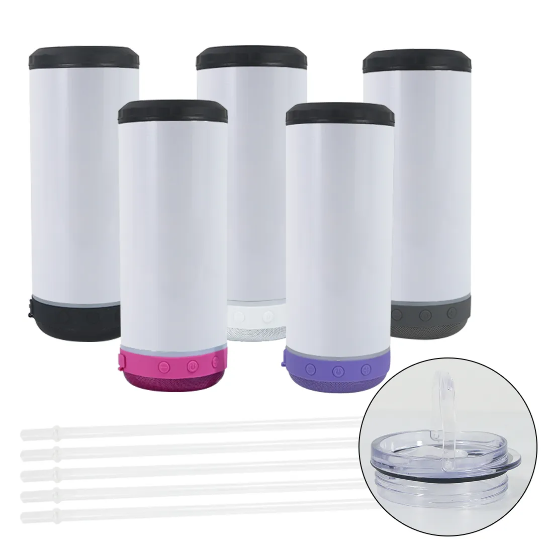 Nieuw aankomende 16oz sublimatie 4 in 1 luidsprekertumblers 5 kleuren Bluetooth Tumbler met twee deksels en plastic stro DHL