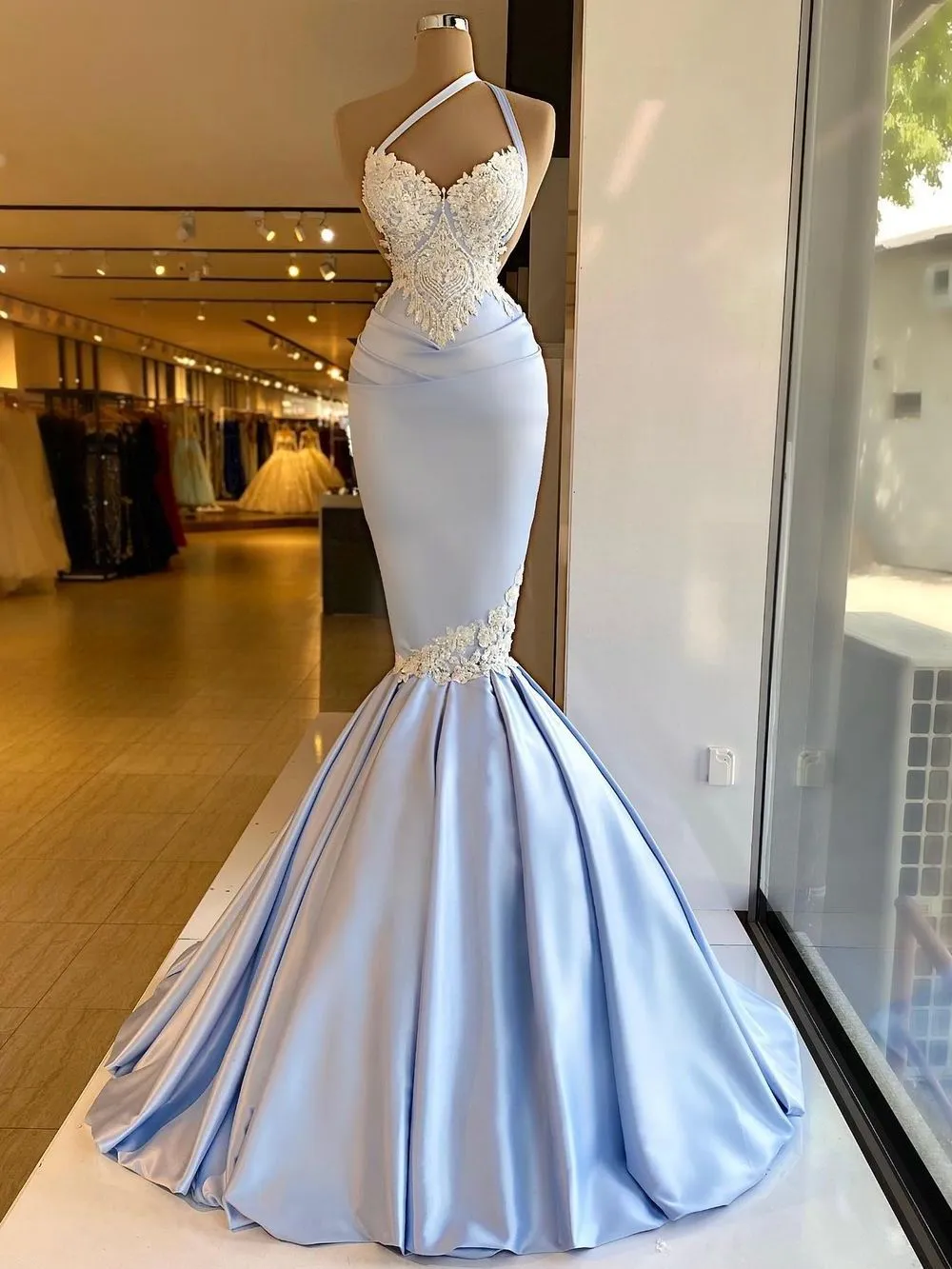 Mermaid Sky Blue Lace Evening Dresses One Shoulder Floor Length Satin Women Elegant Beads Prom Party Dress